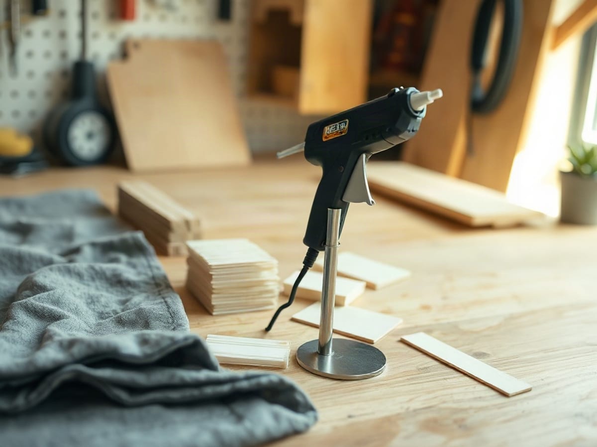 Un pistolet à colle posé sur son support, à côté de bâtons de colle, sur un établi en bois clair